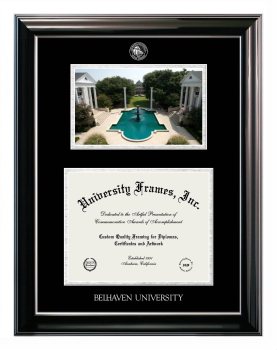 Belhaven University Double Opening with Campus Image (Stacked) Frame in Classic Ebony with Silver Trim with Black & Silver Mats for document: 8 1/2"h x 11"w  