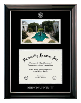 Belhaven University Double Opening with Campus Image (Stacked) Frame in Classic Ebony with Silver Trim with Black & Silver Mats for DOCUMENT: 8 1/2"H X 11"W  