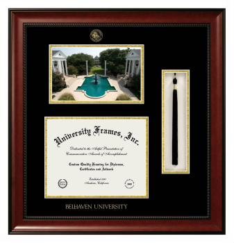 Belhaven University Double Opening with Campus Image & Tassel Box (Stacked) Frame in Avalon Mahogany with Black & Gold Mats for document: 8 1/2"h x 11"w  