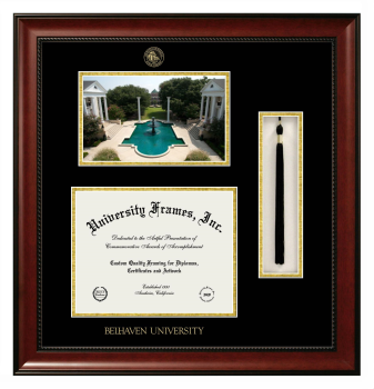 Belhaven University Double Opening with Campus Image & Tassel Box (Stacked) Frame in Avalon Mahogany with Black & Gold Mats for DOCUMENT: 8 1/2"H X 11"W  