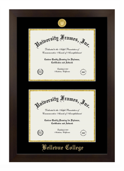 Bellevue College Double Degree (Stacked) Frame in Manhattan Espresso with Black & Gold Mats for document: 8 1/2"h x 11"w  , document: 8 1/2"h x 11"w  