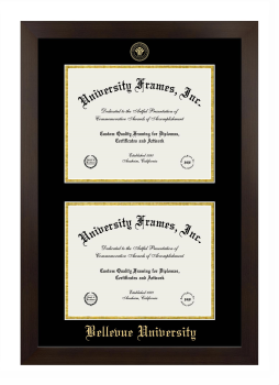 Bellevue University Double Degree (Stacked) Frame in Manhattan Espresso with Black & Gold Mats for DOCUMENT: 8 1/2"H X 11"W  , DOCUMENT: 8 1/2"H X 11"W  