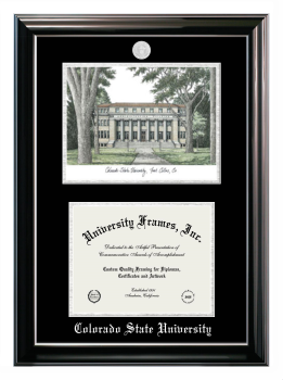 Colorado State University Double Opening with Campus Image (Stacked) Frame in Classic Ebony with Silver Trim with Black & Silver Mats for DOCUMENT: 8 1/2"H X 11"W  