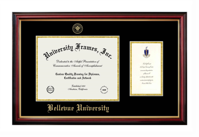 Bellevue University Diploma with Announcement Frame in Petite Mahogany with Gold Trim with Black & Gold Mats for DOCUMENT: 8 1/2"H X 11"W  ,  7"H X 4"W  