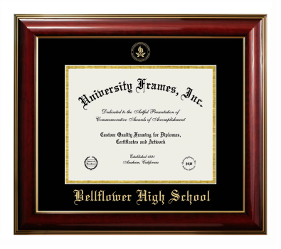 Bellflower High School Diploma Frame in Classic Mahogany with Gold Trim with Black & Gold Mats for DOCUMENT: 8 1/2"H X 11"W  