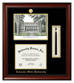 Colorado State University Double Opening with Campus Image & Tassel Box (Stacked) Frame in Avalon Mahogany with Black & Gold Mats for DOCUMENT: 8 1/2"H X 11"W  