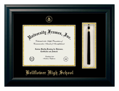 Bellflower High School Diploma with Tassel Box Frame in Satin Black with Black & Gold Mats for DOCUMENT: 8 1/2"H X 11"W  