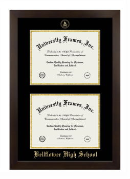 Bellflower High School Double Degree (Stacked) Frame in Manhattan Espresso with Black & Gold Mats for document: 8 1/2"h x 11"w  , document: 8 1/2"h x 11"w  
