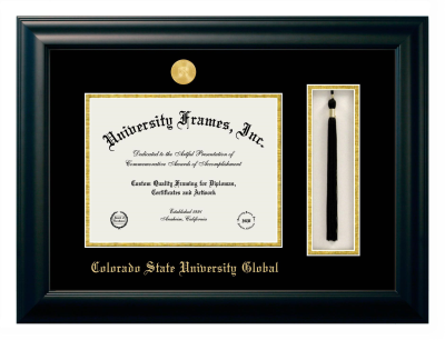 Colorado State University-Global Campus Diploma with Tassel Box Frame in Satin Black with Black & Gold Mats for DOCUMENT: 8 1/2"H X 11"W  