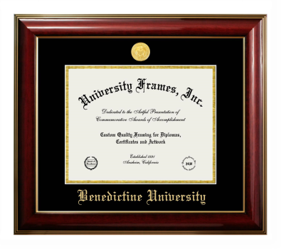Benedictine University Diploma Frame in Classic Mahogany with Gold Trim with Black & Gold Mats for DOCUMENT: 8 1/2"H X 11"W  