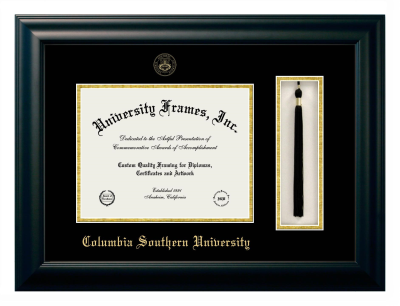 Columbia Southern University Diploma with Tassel Box Frame in Satin Black with Black & Gold Mats for DOCUMENT: 8 1/2"H X 11"W  