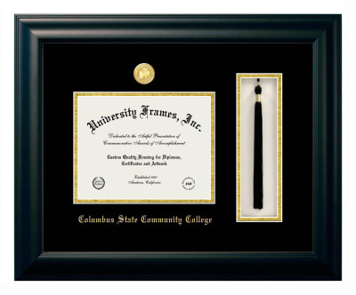 Diploma with Tassel Box Frame in Satin Black with Black & Gold Mats for DOCUMENT: 7"H X 9"W  