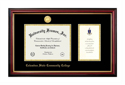 Diploma with Announcement Frame in Petite Mahogany with Gold Trim with Black & Gold Mats for DOCUMENT: 7"H X 9"W  ,  7"H X 4"W  