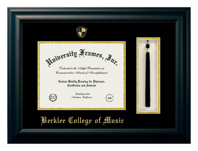 Berklee College of Music Diploma with Tassel Box Frame in Satin Black with Black & Gold Mats for document: 8 1/2"h x 11"w  
