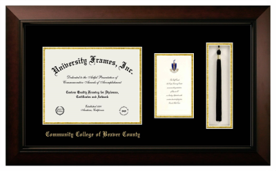 Community College of Beaver County Diploma with Announcement & Tassel Box Frame in Legacy Black Cherry with Black & Gold Mats for document: 8 1/2"h x 11"w  , diploma: 7"h x 4"w  