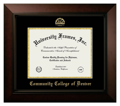 Community College of Denver Diploma Frame in Legacy Black Cherry with Black & Gold Mats for DOCUMENT: 8 1/2"H X 11"W  