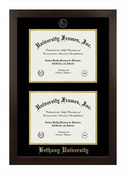 Bethany University Double Degree (Stacked) Frame in Manhattan Espresso with Black & Gold Mats for document: 8 1/2"h x 11"w  , document: 8 1/2"h x 11"w  