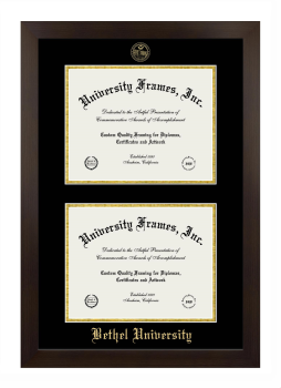 Bethel University (Tennessee) Double Degree (Stacked) Frame in Manhattan Espresso with Black & Gold Mats for document: 8 1/2"h x 11"w  , document: 8 1/2"h x 11"w  