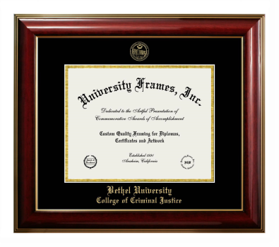Bethel University College of Criminal Justice Diploma Frame in Classic Mahogany with Gold Trim with Black & Gold Mats for DOCUMENT: 8 1/2"H X 11"W  