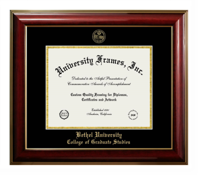 Bethel University College of Graduate Studies Diploma Frame in Classic Mahogany with Gold Trim with Black & Gold Mats for DOCUMENT: 8 1/2"H X 11"W  
