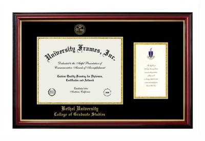 Bethel University College of Graduate Studies Diploma with Announcement Frame in Petite Mahogany with Gold Trim with Black & Gold Mats for document: 8 1/2"h x 11"w  , diploma: 7"h x 4"w  