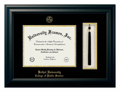 Bethel University College of Public Service Diploma with Tassel Box Frame in Satin Black with Black & Gold Mats for DOCUMENT: 8 1/2"H X 11"W  