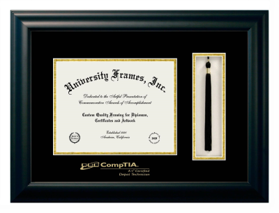 CompTIA Diploma with Tassel Box Frame in Satin Black with Black & Gold Mats for DOCUMENT: 8 1/2"H X 11"W  