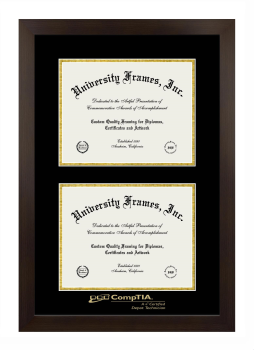 CompTIA Double Degree (Stacked) Frame in Manhattan Espresso with Black & Gold Mats for document: 8 1/2"h x 11"w  , document: 8 1/2"h x 11"w  