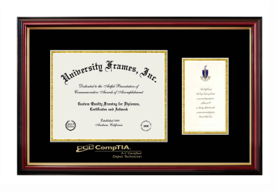 CompTIA Diploma with Announcement Frame in Petite Mahogany with Gold Trim with Black & Gold Mats for document: 8 1/2"h x 11"w  , diploma: 7"h x 4"w  
