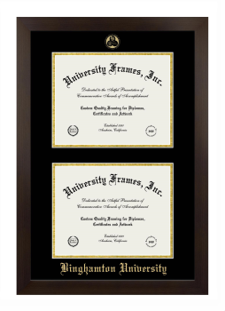 Binghamton University Double Degree (Stacked) Frame in Manhattan Espresso with Black & Gold Mats for document: 8 1/2"h x 11"w  , document: 8 1/2"h x 11"w  