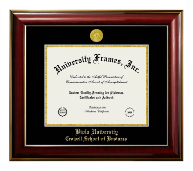 Biola University Crowell School of Business Diploma Frame in Classic Mahogany with Gold Trim with Black & Gold Mats for DOCUMENT: 8 1/2"H X 11"W  