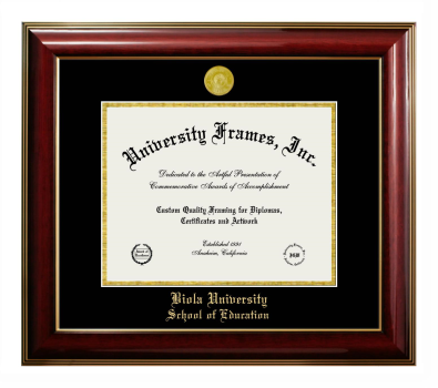 Biola University School of Education Diploma Frame in Classic Mahogany with Gold Trim with Black & Gold Mats for DOCUMENT: 8 1/2"H X 11"W  
