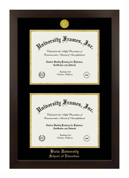 Biola University School of Education Double Degree (Stacked) Frame in Manhattan Espresso with Black & Gold Mats for document: 8 1/2"h x 11"w  , document: 8 1/2"h x 11"w  