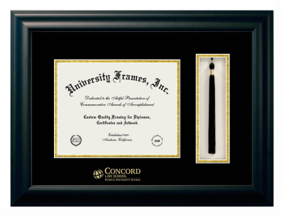 Concord Law School (Purdue University Global Campus) Diploma with Tassel Box Frame in Satin Black with Black & Gold Mats for DOCUMENT: 8 1/2"H X 11"W  