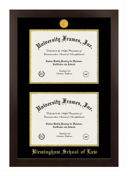 Birmingham School of Law Double Diploma Frame in Manhattan Espresso with Black & Gold Mats for DOCUMENT: 8 1/2"H X 11"W  , DOCUMENT: 8 1/2"H X 11"W  