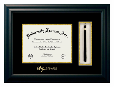Bismarck State College Diploma with Tassel Box Frame in Satin Black with Black & Gold Mats for document: 8 1/2"h x 11"w  