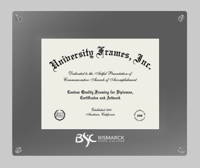 Bismarck State College Lucent Clear-over-Smoke Frame in Lucent Smoke Moulding with Lucent Smoke Mat for document: 8 1/2"h x 11"w  