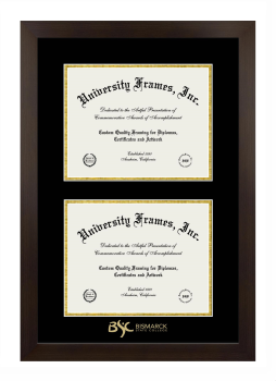 Bismarck State College Double Degree (Stacked) Frame in Manhattan Espresso with Black & Gold Mats for document: 8 1/2"h x 11"w  , document: 8 1/2"h x 11"w  