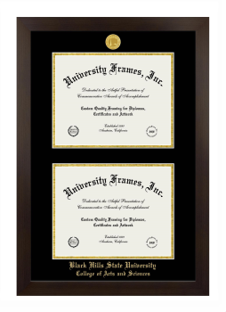 Black Hills State University College of Arts and Sciences Double Degree (Stacked) Frame in Manhattan Espresso with Black & Gold Mats for document: 8 1/2"h x 11"w  , document: 8 1/2"h x 11"w  