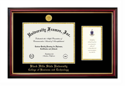 Black Hills State University College of Business and Technology Diploma with Announcement Frame in Petite Mahogany with Gold Trim with Black & Gold Mats for document: 8 1/2"h x 11"w  , diploma: 7"h x 4"w  