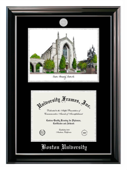 Boston University Double Opening with Campus Image (Stacked) Frame in Classic Ebony with Silver Trim with Black & Silver Mats for DOCUMENT: 8 1/2"H X 11"W  