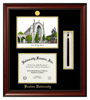 Boston University Double Opening with Campus Image & Tassel Box (Stacked) Frame in Avalon Mahogany with Black & Gold Mats for DOCUMENT: 8 1/2"H X 11"W  
