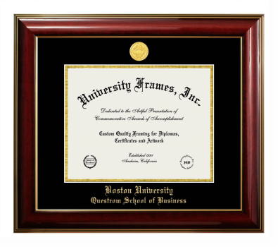 Boston University Questrom School of Business Diploma Frame in Classic Mahogany with Gold Trim with Black & Gold Mats for DOCUMENT: 8 1/2"H X 11"W  