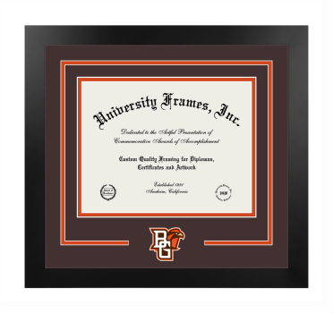 Bowling Green State University Logo Mat Frame in Manhattan Black with Brown & Orange Mats for DOCUMENT: 8 1/2"H X 11"W  