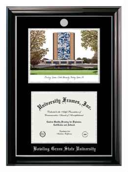 Bowling Green State University Double Opening with Campus Image (Stacked) Frame in Classic Ebony with Silver Trim with Black & Silver Mats for DOCUMENT: 8 1/2"H X 11"W  