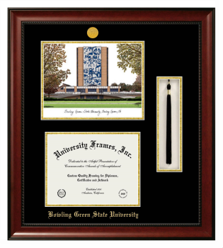 Bowling Green State University Double Opening with Campus Image & Tassel Box (Stacked) Frame in Avalon Mahogany with Black & Gold Mats for DOCUMENT: 8 1/2"H X 11"W  