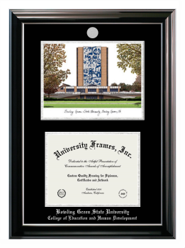 Bowling Green State University College of Education and Human Development Double Opening with Campus Image (Stacked) Frame in Classic Ebony with Silver Trim with Black & Silver Mats for document: 8 1/2"h x 11"w  