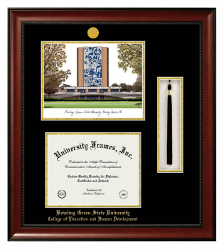 Bowling Green State University College of Education and Human Development Double Opening with Campus Image & Tassel Box (Stacked) Frame in Avalon Mahogany with Black & Gold Mats for document: 8 1/2"h x 11"w  