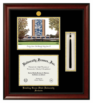 Bowling Green State University Firelands Double Opening with Campus Image & Tassel Box (Stacked) Frame in Avalon Mahogany with Black & Gold Mats for document: 8 1/2"h x 11"w  
