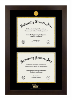 Bowling Green State University Special Centennial Double Degree (Stacked) Frame in Manhattan Espresso with Black & Gold Mats for document: 8 1/2"h x 11"w  , document: 8 1/2"h x 11"w  